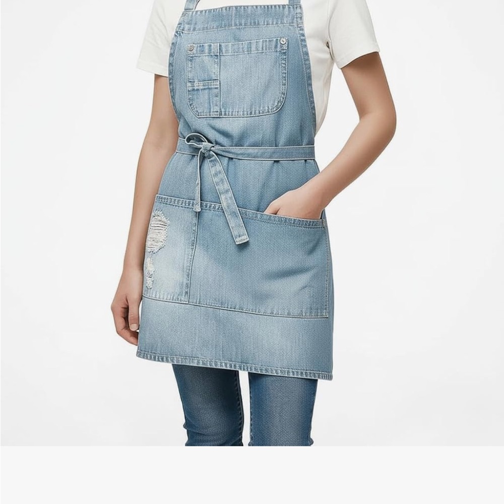 Light Blue Denim Kitchen Apron with Front Pockets stylist or salon apron